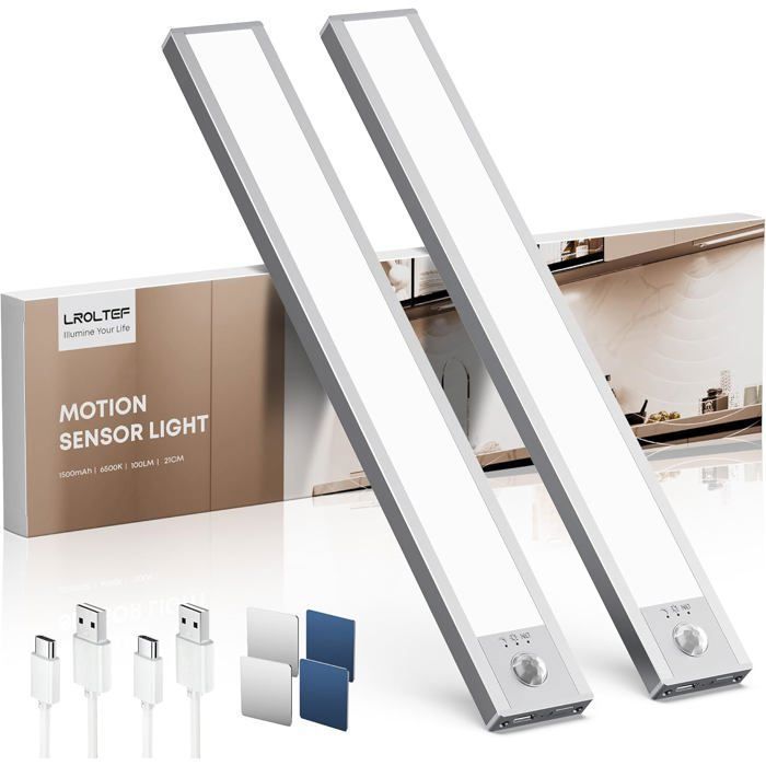 2pcs Lampe Placard sans Fil Rechargeable Cuisine sous Meuble，21 cm 1500mAh Reglette LED Lumiere Armoire Dimmable，Réglage ODIPIE