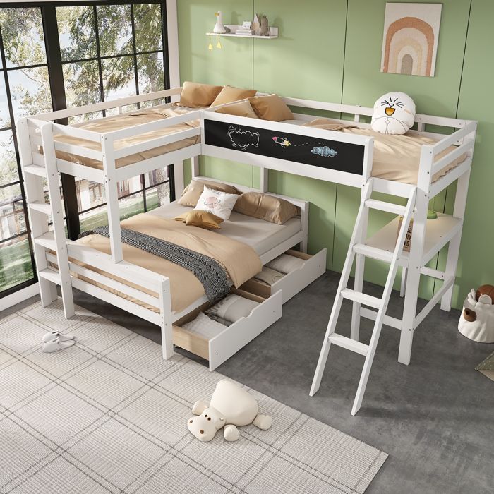 Lit superposé 90x200cm + 140x200cm en bois - Avec un bureau et 2 tiroirs - Blanc(sans matelas) Lit superposé 90x200cm + 140x200cm en bois - Avec un bureau et 2 tiroirs - Blanc(sans matelas)
