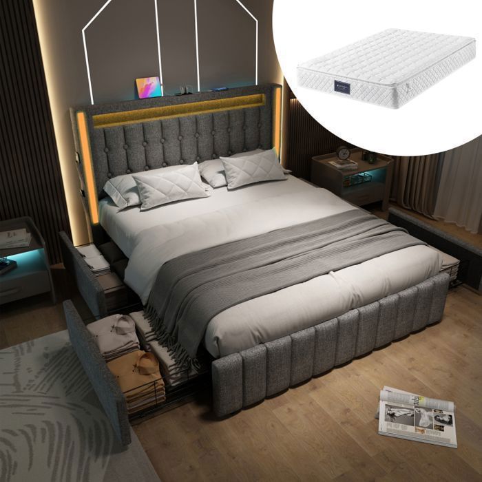 Lit double 140x200 avec matelas - Lit rembourré avec Tête de lit LED/USB-C 4 tiroirs et sommier en bois inclus - Gris