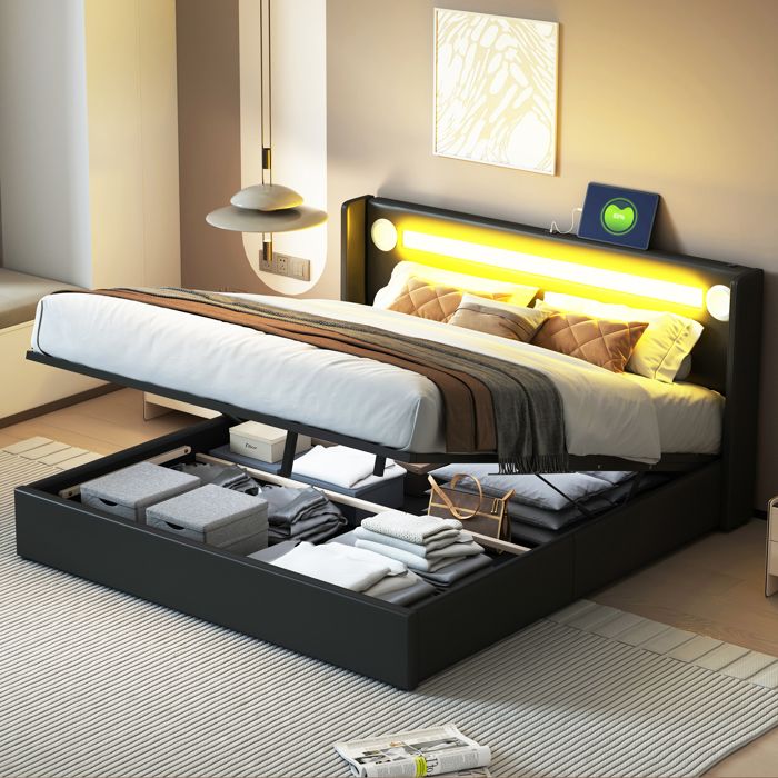 Lit 160x200 cm LED USB cuir PU coffre de rangement lit double sommier à lattes noir
