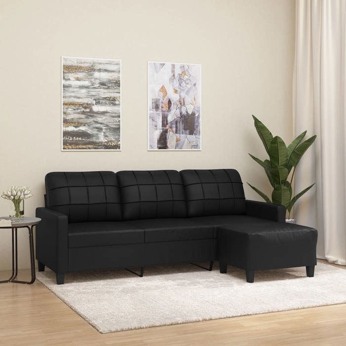 Canapé 3 places - vidaXL - Repose-pieds - Similicuir noir - 180 cm