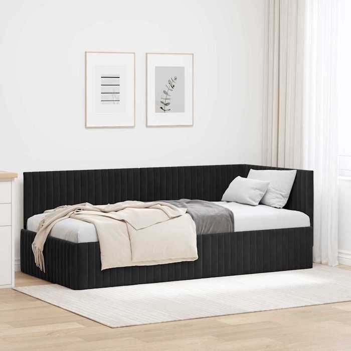 Cadre de lit dangle en velours - CLOUD - 90x200 cm - Noir - Design en L - Polyvalent - Cadre à lattes