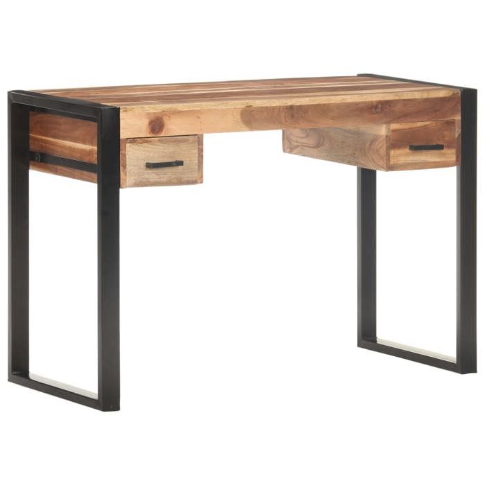 Bureau en bois solide - CLARENCE - 110x50x76 cm - Acacia massif - Bois dhévéa - Cadre en acier - Deux tiroirs