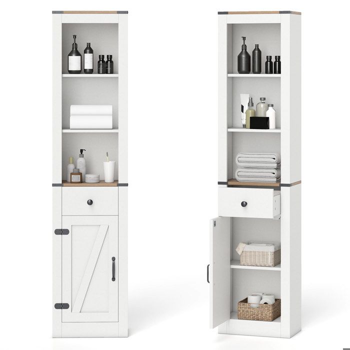 COSTWAY Meuble Colonne de Salle de Bain avec Porte et Tiroir 3 Compartiment Ouvert Étagères Réglables Style Ferme Blanc