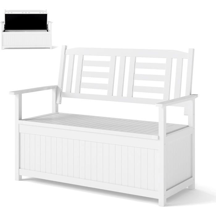Banc de Jardin Extérieur COSTWAY en Bois Massif pour 2 Personnes 2 en 1 Siège Rangement 185L Doublure Oxford Charge 250kg Blanc