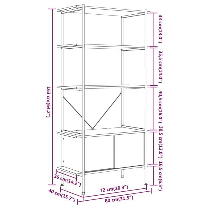 Cabinet de Livre SOLOMOON CHIC Étagère à 5 niveaux - Pour salon/bureau - armoire 80x40x163cm Acier bois dingénierie BB765