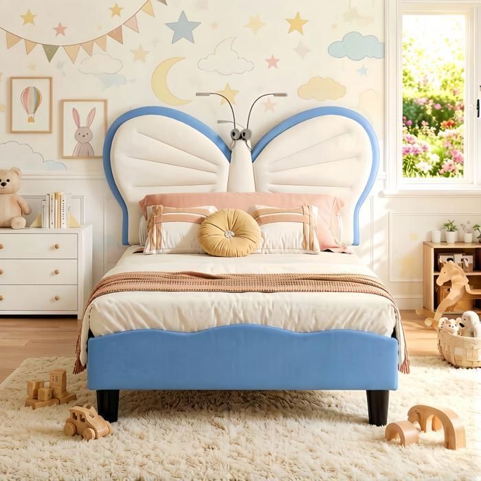 Lit Enfant 90x200 cm - Lit Fille avec Tête de Lit Réglable - Lampes de Lecture - Velours Doux - Bleu