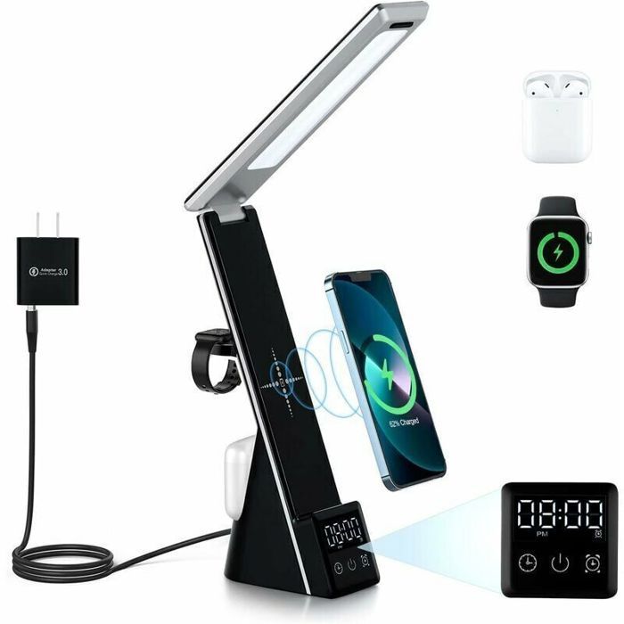 GABRIELLE Lampe de bureau LED avec chargeur sans fil Station de charge rapide 3 en 1 lumière de console tactile avec heure