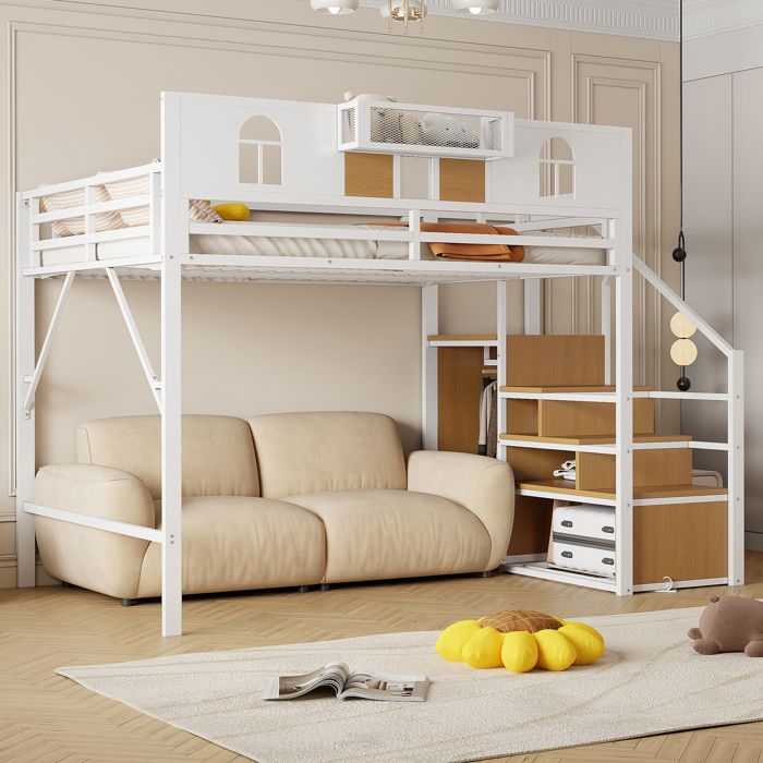 Lit mezzanine 90 x 200 cm avec armoire lit superposé avec garde-corps surélevé Étagères lit enfant avec sommier à lattes blanc
