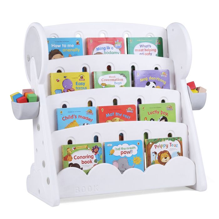 COSTWAY Bibliothèque pour Enfants à 4 Niveaux avec 2 Boîtes de Rangement et Étagère Inférieure Réversible 92 x 42 x 79 cm
