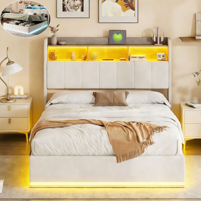 Lit Coffre 140x190 avec LED - 2 Charge USB/Type-C - Tête de Lit Capitonné -Cadre de Lit Double Adulte avec Sommier -Velours Blanc