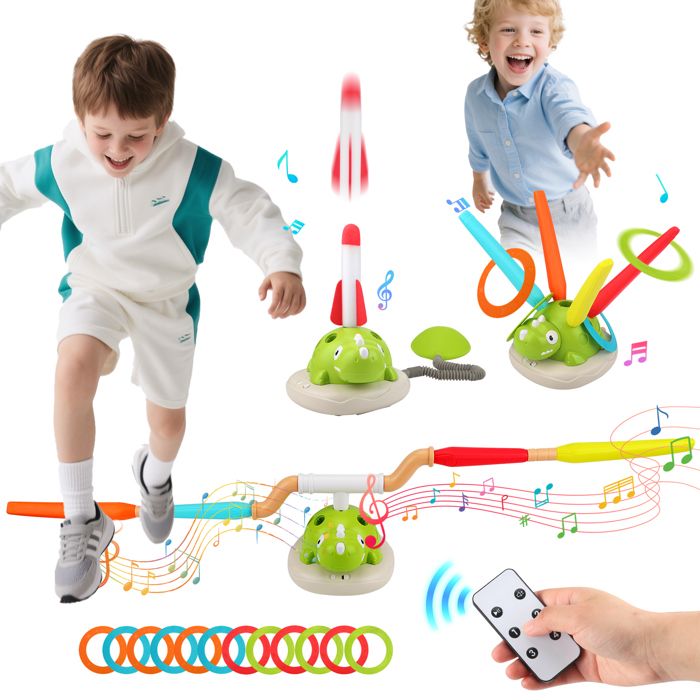 Ensemble de jeux dextérieur 3-en-1 pour enfants jeu de lancer danneaux Dinosaures fusée-jouet et jeu de saut musical