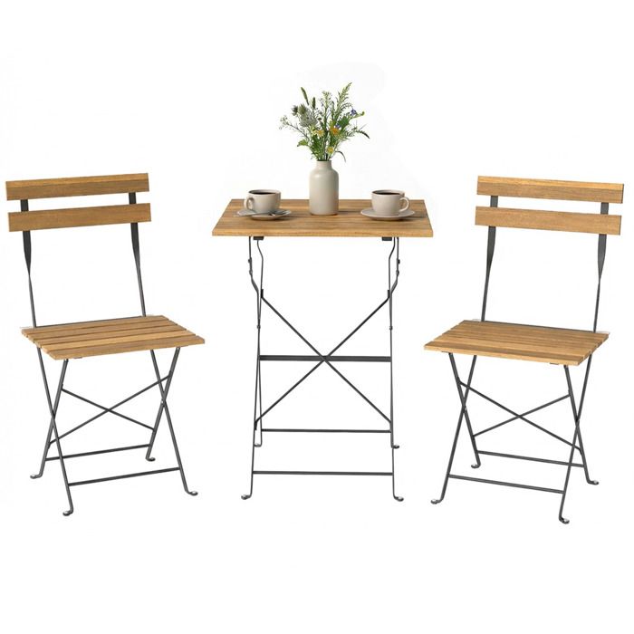 Salon de jardin - mobilier de terrasse - Outsunny - 3 pièces table carrée 2 chaises pliantes - acier bois - 55x55x71cm - naturel