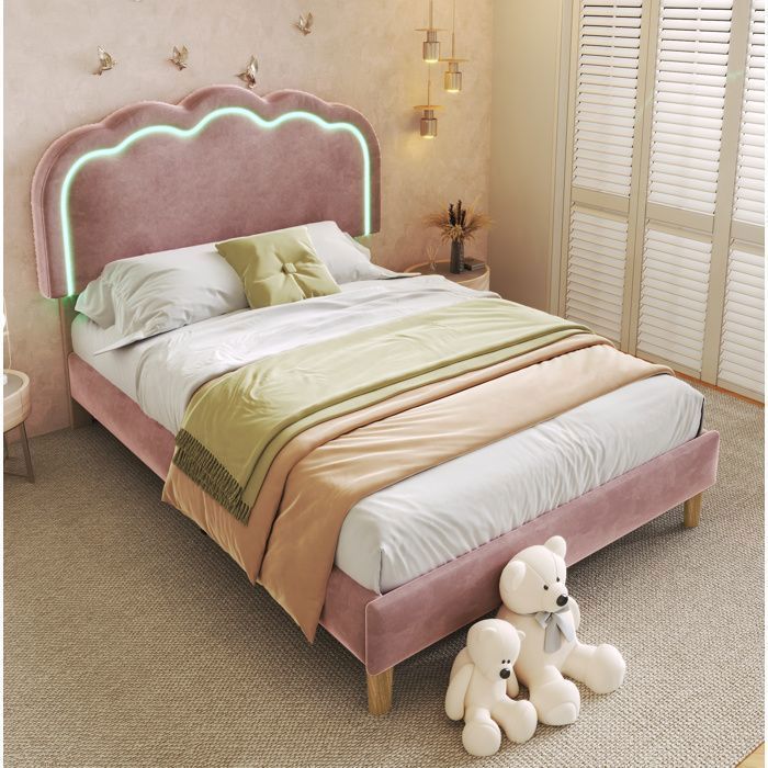 Lit enfant 90x190 cm avec LED tête de lit réglable sommier à lattes structure stable velours rose