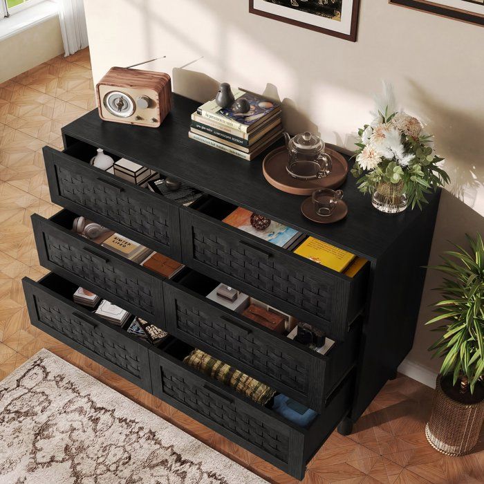 Commode en Bois et Imitation Rotin 6 Tiroirs 115x40x80 cm Meuble de Rangement Multifonction pieds bois massif Style NaturelNoir