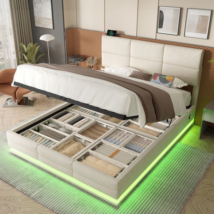MIVRAY Lit Coffre Lit Double avec USB LED Réglable et Tête de Lit Réglable 140×200 cm sans Matelas en Velours Beige