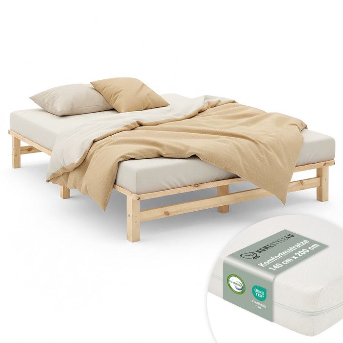 Cadre de lit 140x200 cm avec Matelas Lit en bois massif Lit double Lit palette Lit denfant Sommier à lattes Cadre de lit 140x200 cm avec Matelas Lit en bois massif Lit double Lit palette Lit denfant Sommier à lattes