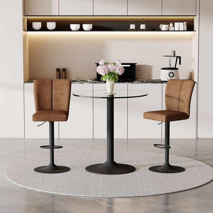 Ensemble de table et tabourets de bar - W3658P368020 - Plateau verre Ø89 cm - 2 tabourets pivotants 63–85 cm - Structure métal noir
