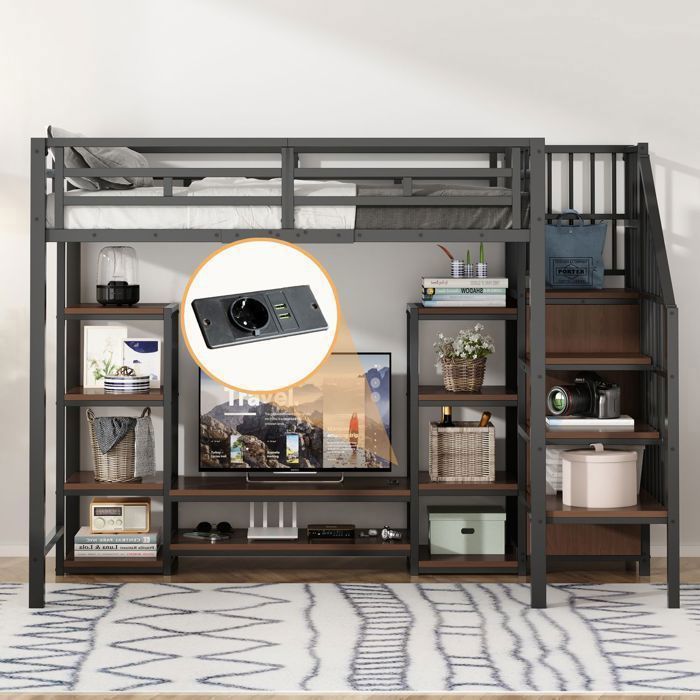 Lit Mezzanine 90x200 cm Métal et Bois Noir Style Industriel - lit simple - Meuble TV Prise Intégrée Escalier Rangement