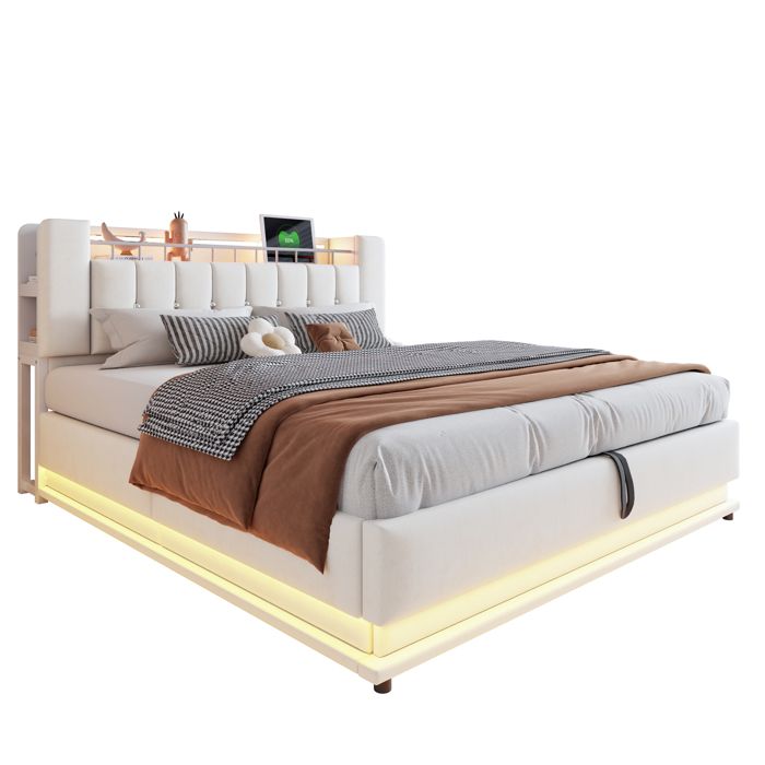 HAVRYA Lit Coffre Double 180x200 cm - Modèle Capitonné avec LED Port USB et Rangement Intégré - Sans Matelas Velours Beige