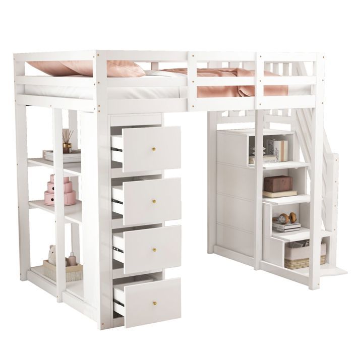 Lit Mezzanine-Bois Blanc 140x200cm-Commode-Étagères-Échelle-Tiroirs-Multifonctionnel-Sans Matelas