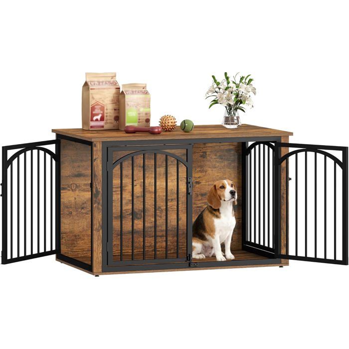 Cage pour Chien 100cm Meuble Cage Chien et 4 Portes Cages Bois pour Chiens Table dappoint Marron et Noir