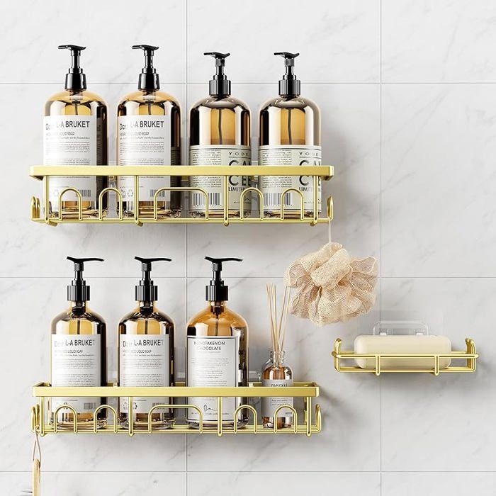 3 Pcs Antirouille Acier Inoxydable Etagere Douche sans Percage Rangement Salle de Bain Salle de Bain Accessoire 3 Pcs Or