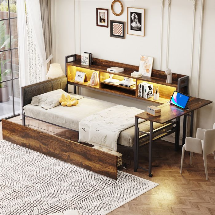 Lit combiné 1 place 90×200 cm avec 2 tiroirs bureau rabattable LED et prise sans matelas - UVRION
