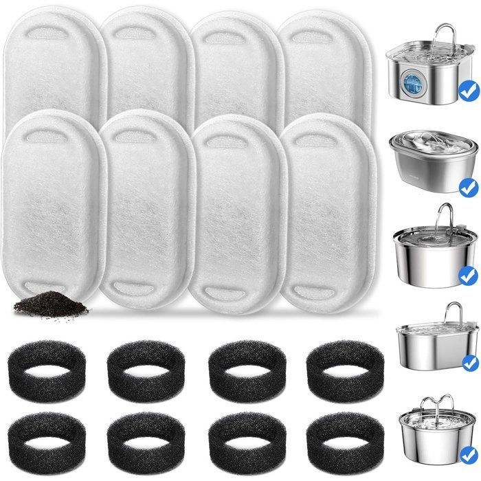 Filtres pour Fontaine à Eau AnimauxLot de 8 Cartouches Compatibles 3.2L avec Éponge FiltranteEntretien Facile pour Santé de Femeo