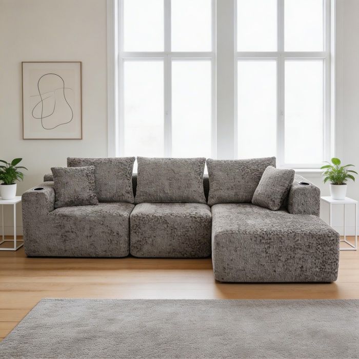 Canapé angle modulaire compressé 261x165x80 5 cm gris sans armature porte-gobelets assise profonde