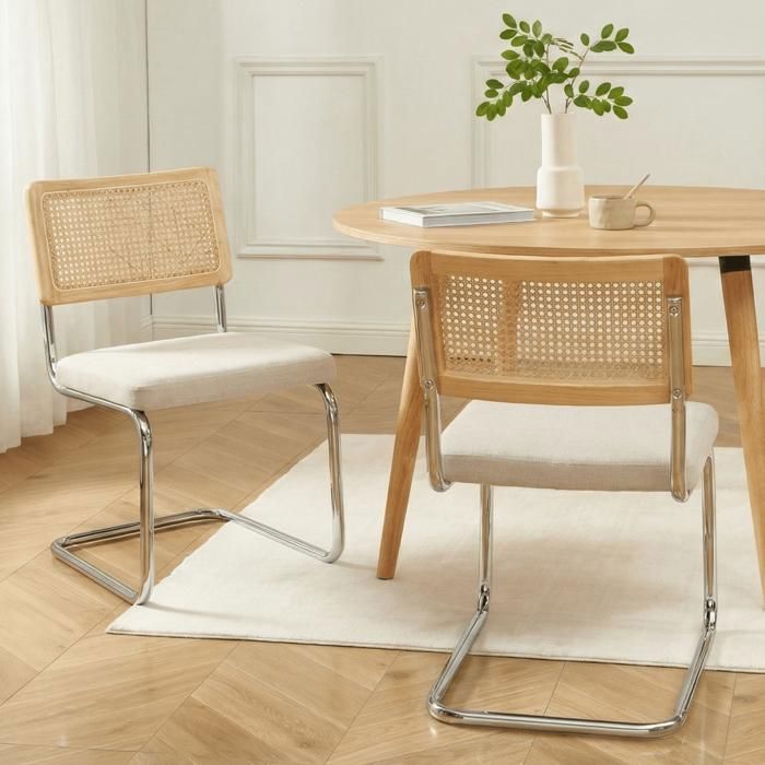 Lot de 2 chaises ELLA cannage et tissu écru pieds métal chromé Lot de 2 chaises ELLA cannage et tissu écru pieds métal chromé
