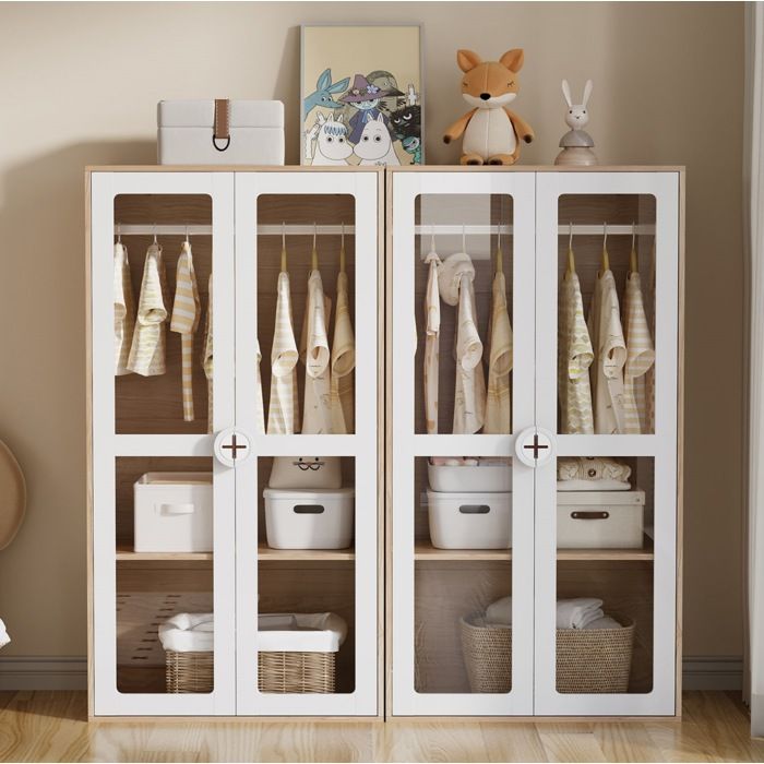 Armoire enfant lot de 2 à 2 portes avec barre de penderie et étagères réglables portes acryliques chambre - UVRION