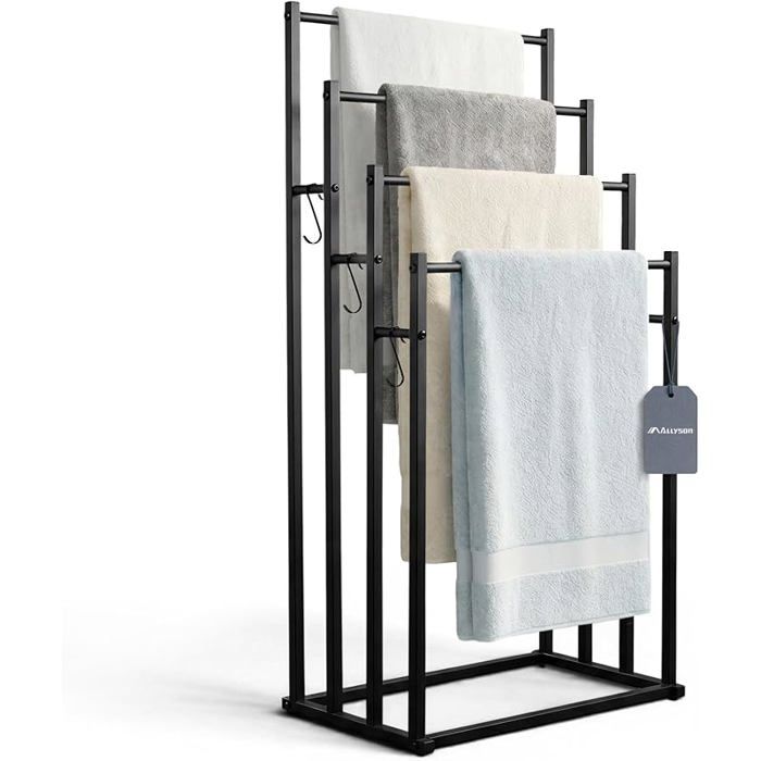 Porte-serviettes sur pied noir à 4 niveaux avec 3 crochets porte-serviettes autoportant sans perçage DISTRIBUTEUR DE SERVIETTES