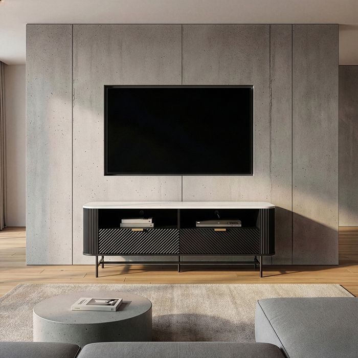 Meuble TV Olvehok 140 x 40 x 55 cm effet marbre blanc noir