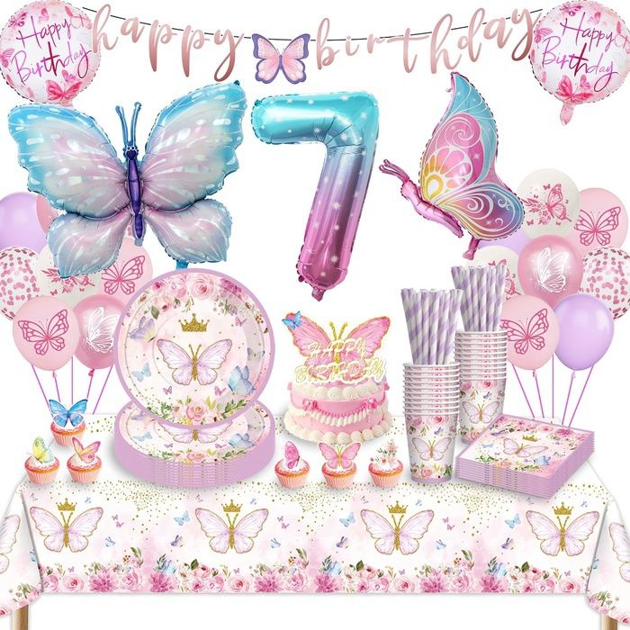 Decoration Anniversaire Papillon 7 Papillon Vaisselle de Fête Assiette Kit Anniversaire Fille 7 Nappe Ballon 7 7 a BALLON DECORATIF