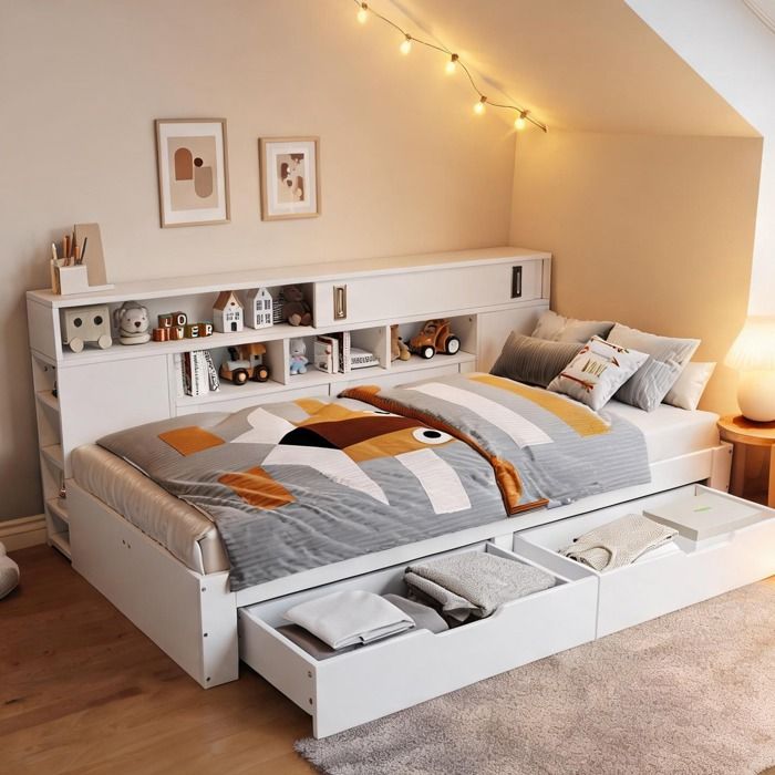 Lit enfant multifonction 90x190 cm avec tiroirs étagères et placards coulissants MDF soft white