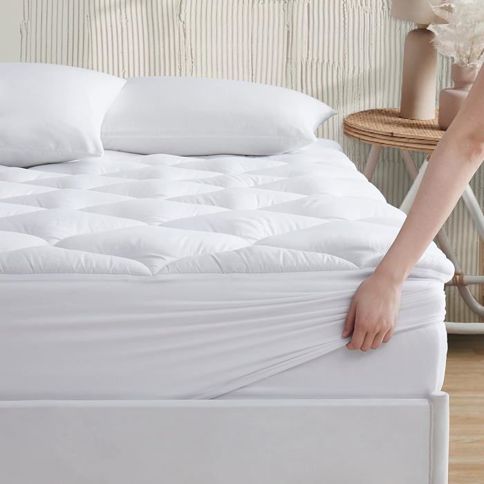 Surmatelas doux et protège-matelas respirant 200 x 200 cm - Enveloppement 360° avec housse en maille 3D - Certifié Oeko-Tex blanc