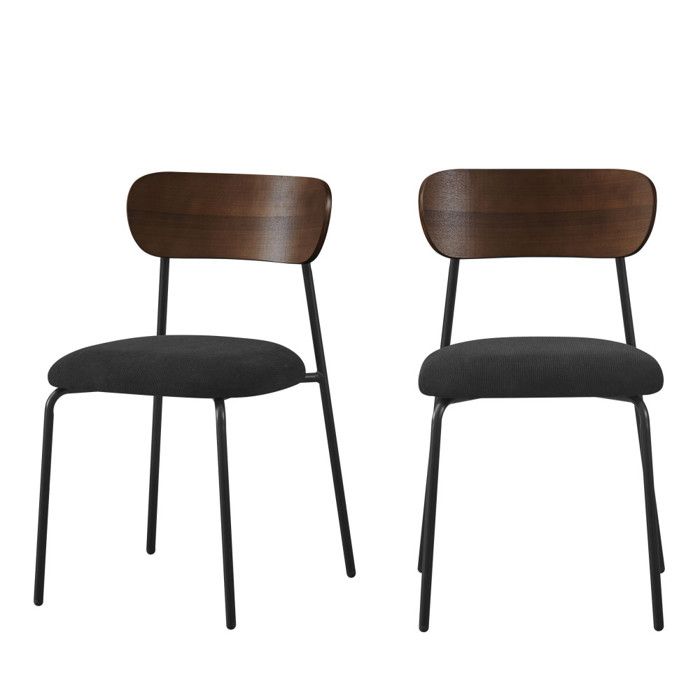 Jess - Lot de 2 chaises en bois foncé velours côtelé et métal - Noir Jess - Lot de 2 chaises en bois foncé velours côtelé et métal - Noir