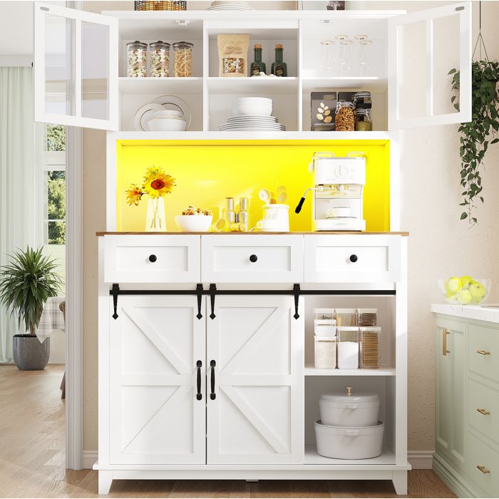 Buffet colonne de cuisine - Blanc - LED APP - Vitrines en verre - 105 x 384 x 180 cm