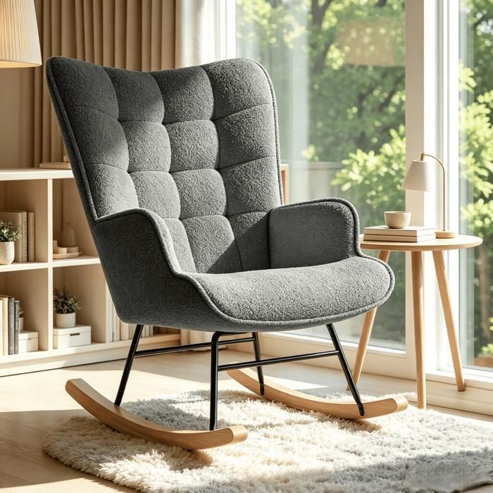 Fauteuil allaitement avec pieds en bois rocking chair scandinave pour chambre d enfant salon balcon velours teddy gris