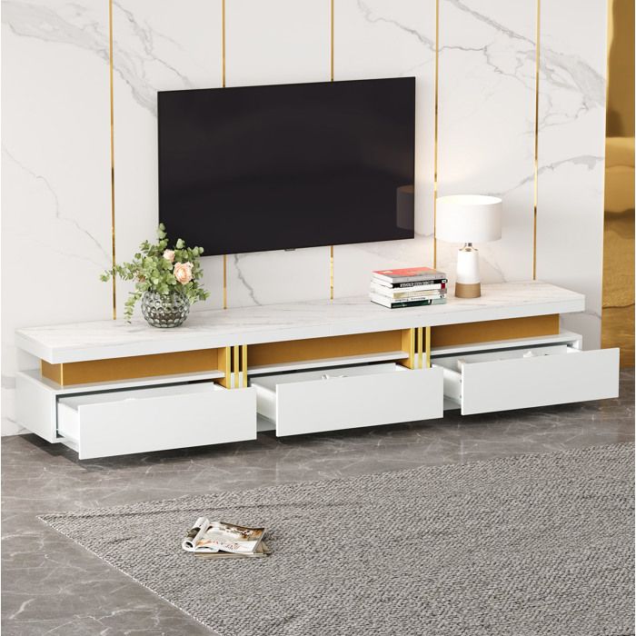Ensemble meuble TV blanc effet marbre avec table basse panneaux de particules 3 tiroirs style moderne