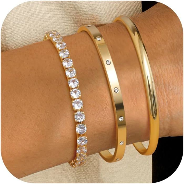 3Pcs Bracelet Or Pour Femme Plaqué Or 14 Carats Bracelets Empilables Tennis Chaîne Bracelet Manchette Réglables Ensemble Bra[PP107]