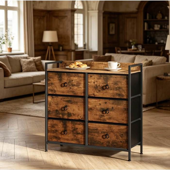 Commode 6 Tiroirs Noir Marron Rustique Meuble D Entree Industriel FloraGrace Pour Entree Ou Salon Facile A Monter 80x29x78cm