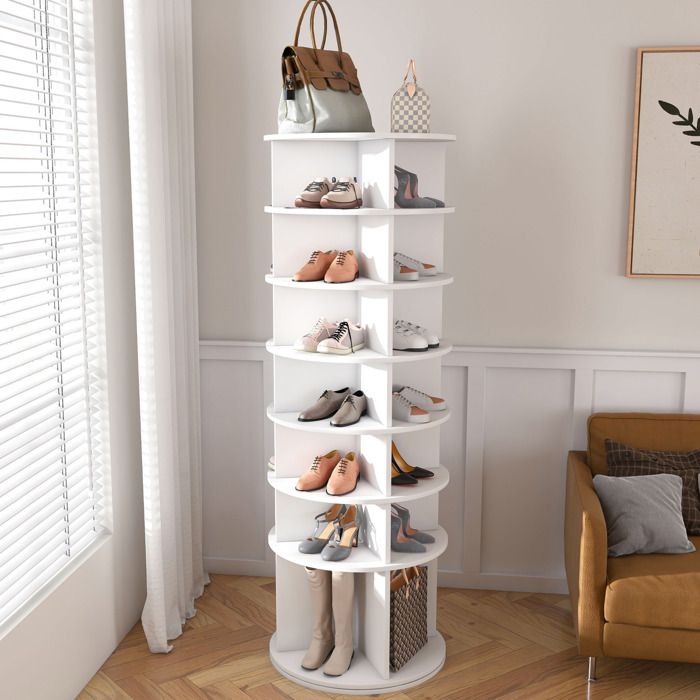 Meuble à chaussures rotatif avec 7 niveaux et espace pour bottes - pour entrée - en PVC - 60×60×184 cm - blanc