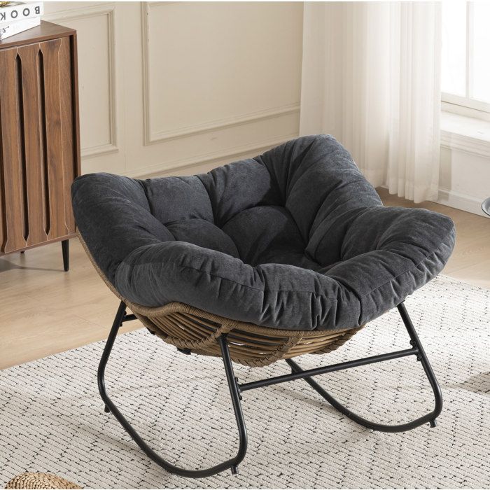 Rocking-chair fauteuil œuf avec accoudoirs - pour intérieur et extérieur - en chenille noire - 95 × 107 × 83 cm