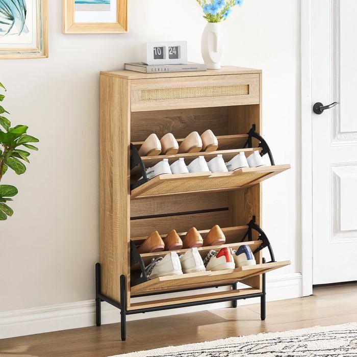 Armoire à chaussures rotin 3 tiroirs autoportante bois étagères 3 niveaux réglables entrée couloir porche
