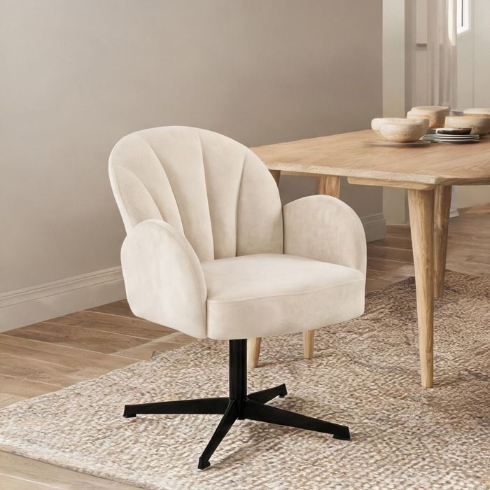 Fauteuil pivotant en velours beige chaleureux dossier coquille et assise à ressorts 64 5 x 68 x 80 cm