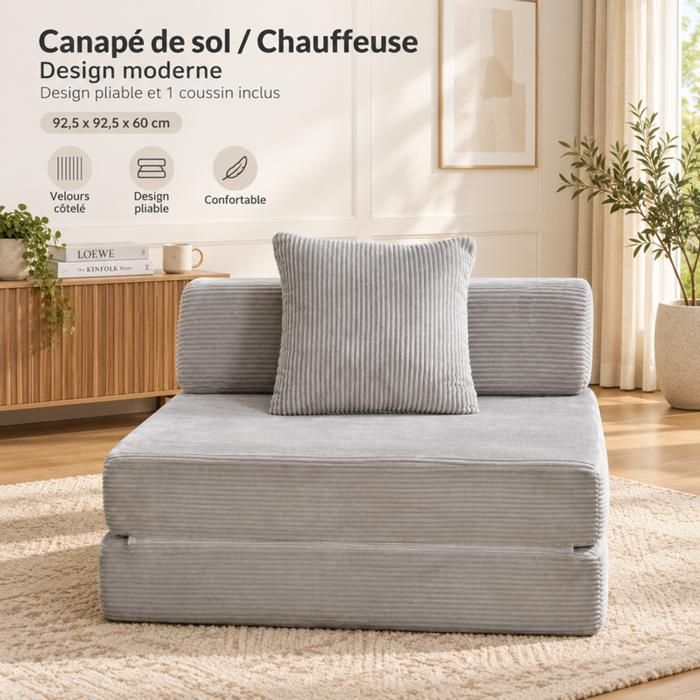 Canapé-Lit - SOGEU - Banquette lit - Velours côtelé gris clair - 925x925x60 cm - Mousse polyuréthane