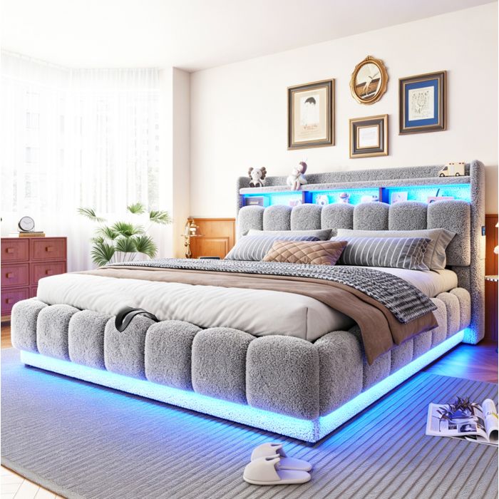 Lit coffre rembourre 180 x 200 cm gris avec LED USB prise et sommier a lattes en metal