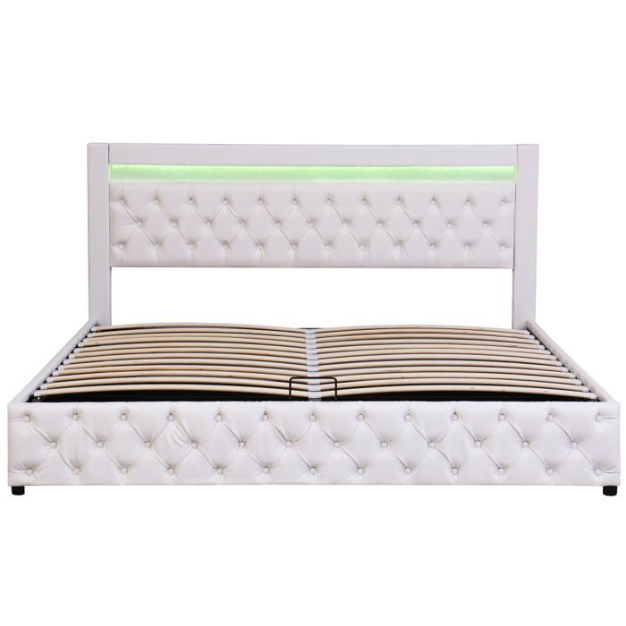 Lit double 180x200 cm blanc en PU avec sommier à lattes grand espace de rangement et éclairage LED lit multifonction Lit double 180x200 cm blanc en PU avec sommier à lattes grand espace de rangement et éclairage LED lit multifonction